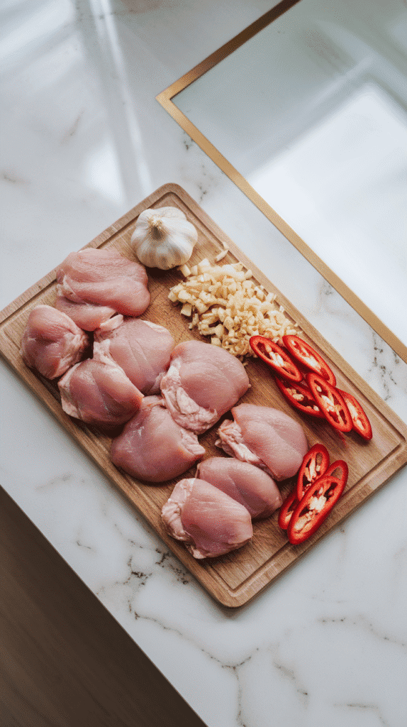 finely diced raw chicken thighs, minced garlic, and thin slices of red Thai chili neatly placed on a small cutting board. On white marble counters with hints of gold