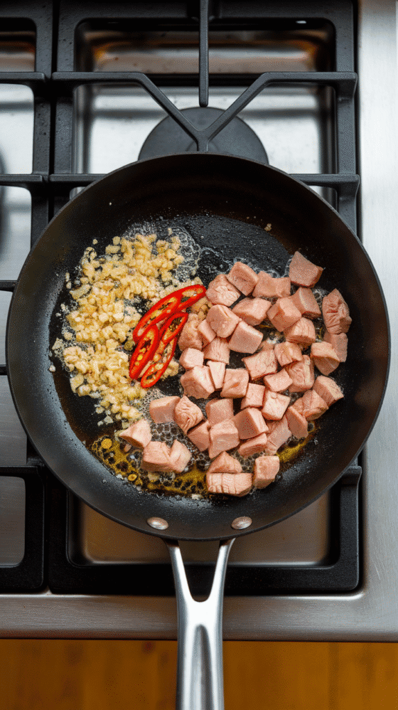 garlic and chilies sizzling in oil, with diced chicken just added to the pan, starting to brown at the edges.