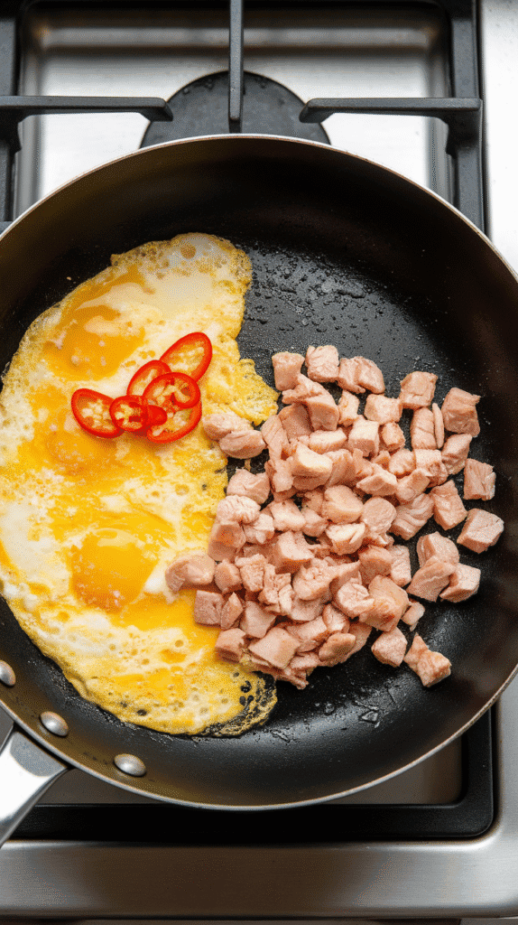 beaten eggs scrambling on one side of the pan, next to browned chicken with garlic and chilies, eggs beginning to set
