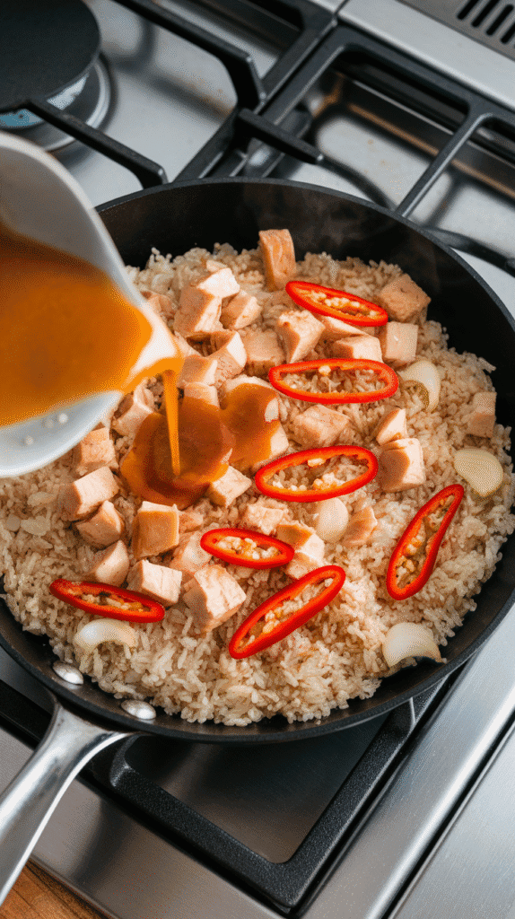 sauce mixture being poured over hot rice in the skillet, glossy coating forming as the rice starts to brown and sizzle.