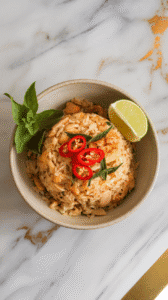 Thai basil chicken fried rice served in a shallow ceramic bowl, garnished with sliced red chilies and Thai basil, a lime wedge on the side. On white marble counters with hints of gold