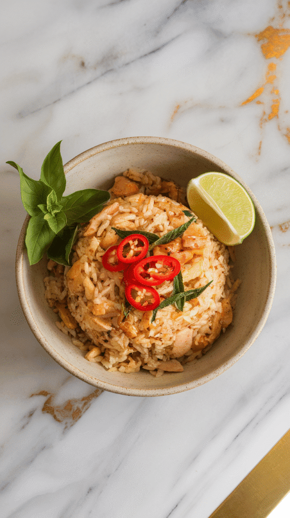 Thai basil chicken fried rice served in a shallow ceramic bowl, garnished with sliced red chilies and Thai basil, a lime wedge on the side. On white marble counters with hints of gold