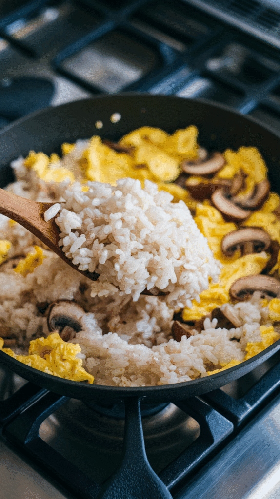 fluffy cold rice being stirred into the skillet, starting to mix with scrambled egg and mushrooms, grains separating.