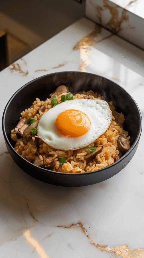 truffle mushroom fried rice served in a matte black ceramic bowl, garnished with green onion and a fried egg on top,