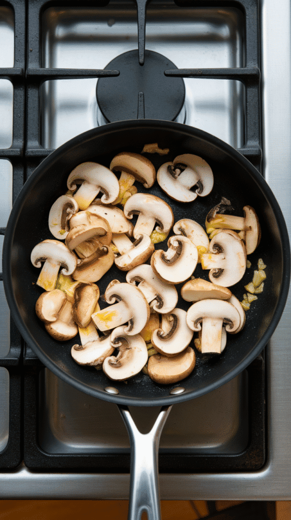 sliced mushrooms sizzling with melted butter and garlic in a hot pan, mushrooms starting to brown around the edges. On a modern stainless steel gas stove,