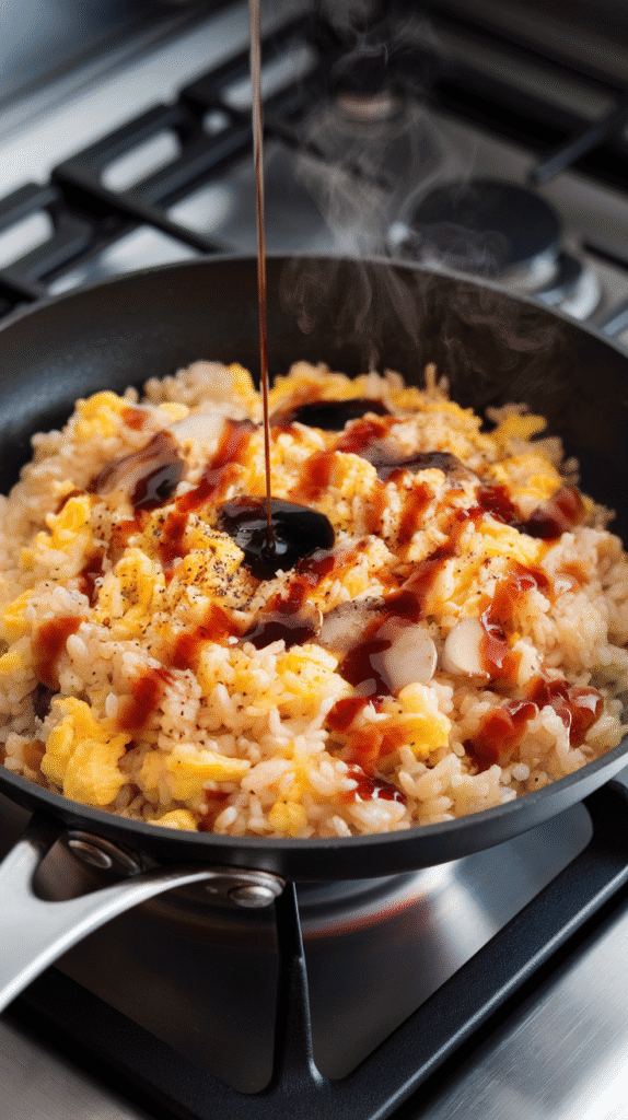 soy sauce drizzling over hot rice, steam rising, grains turning glossy and golden as pepper is sprinkled in.