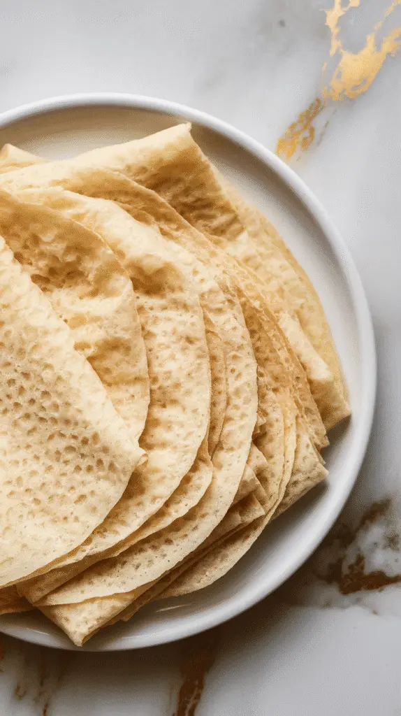 4 finished cottage cheese wraps stacked on a white plate, light golden color, thin and flexible, on a white marble counter with hints of gold