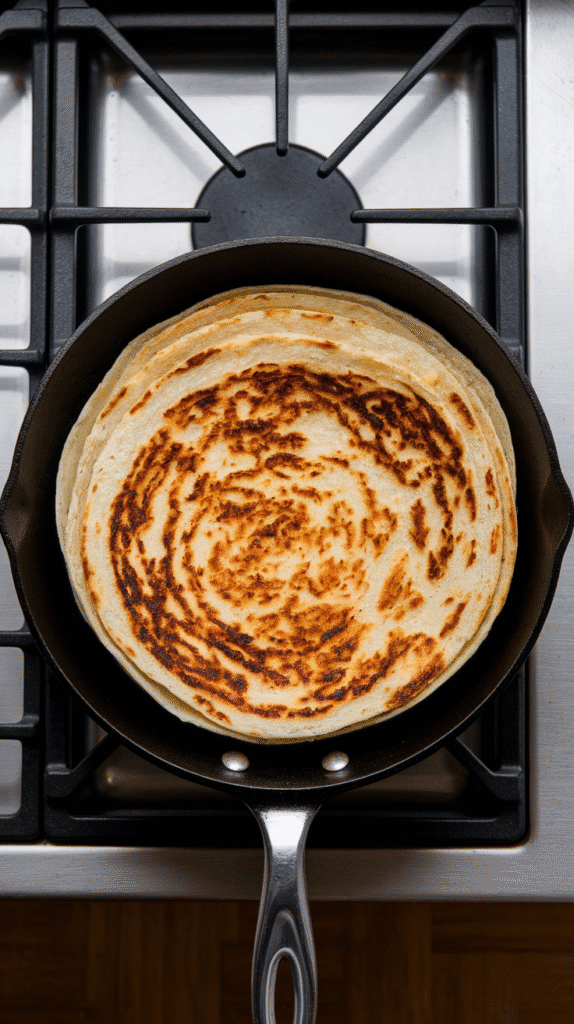 f cottage cheese wrap mid-flip in skillet, golden side facing up and slightly crisped edges, second side just beginning to cook