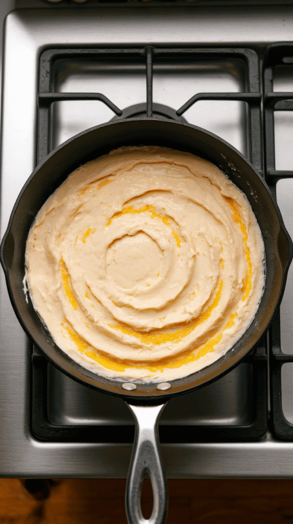 thin layer of blended cottage cheese and egg batter cooking in a non-stick skillet, edges just starting to curl, surface starting to set