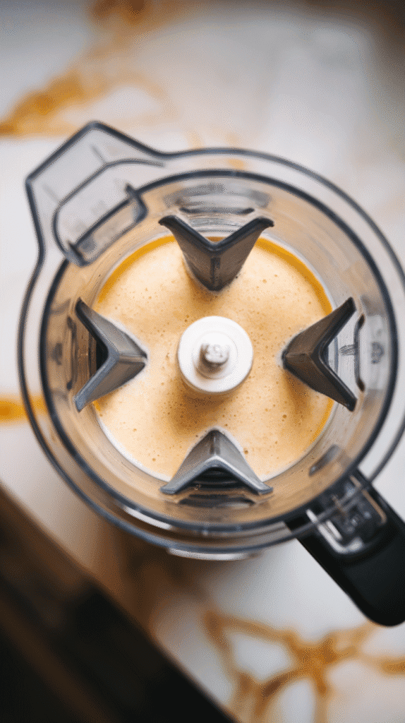 smooth blended mixture in blender container, creamy pale yellow with no chunks, made from 1 cup low-fat cottage cheese and 2 large eggs, sitting on white marble counters with hints of gold
