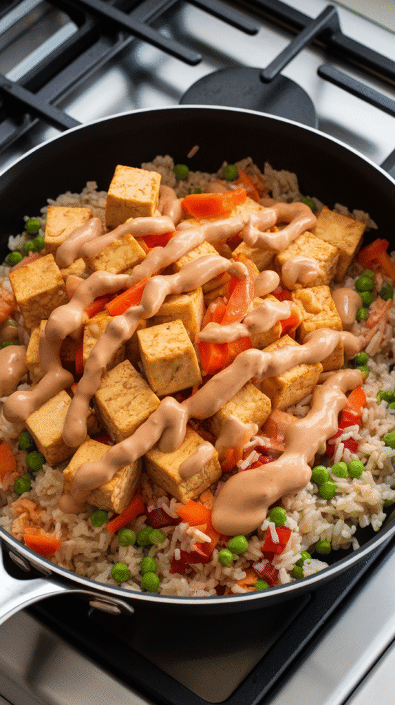 golden tofu cubes being tossed with rice and veggies as creamy peanut sauce is drizzled over the top
