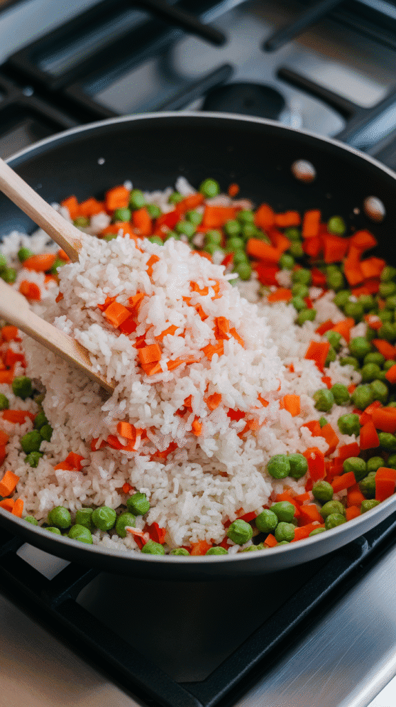 cold rice being stirred into sautéed vegetables with scallions and a drizzle of soy sauce and sesame oil coating the grains.