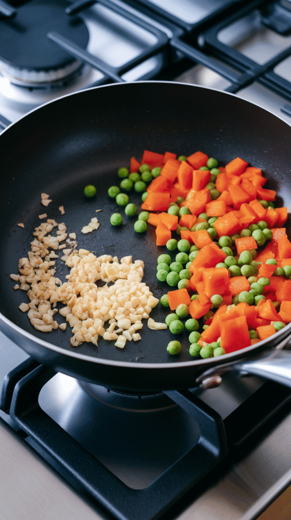 garlic, carrots, peas, and bell pepper cooking in oil, colors bright and veggies just starting to soften.