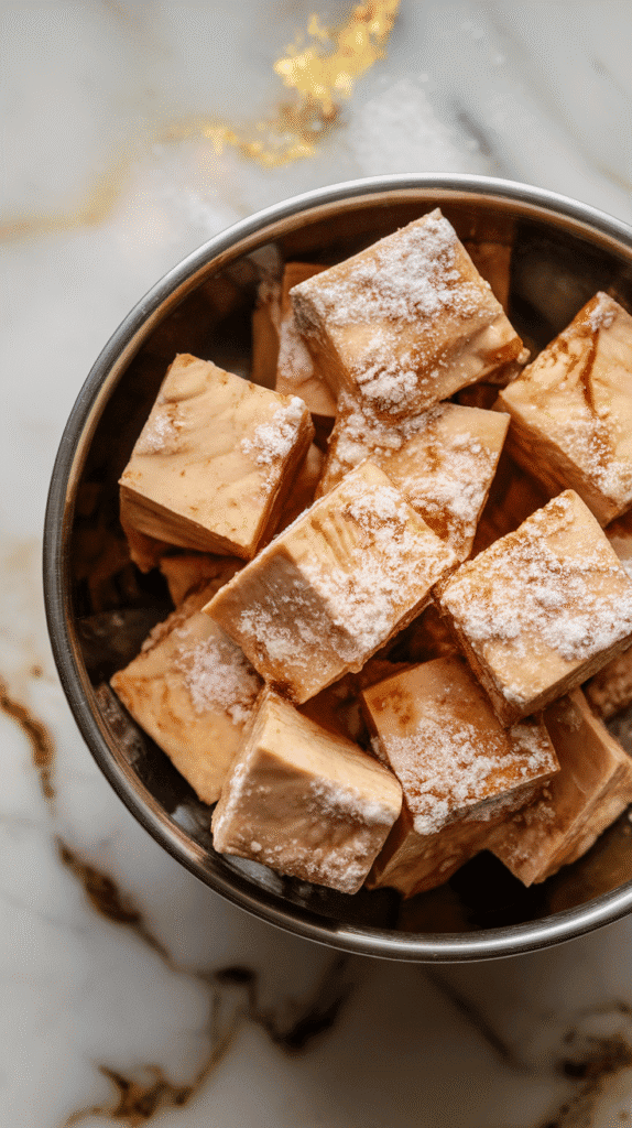 tofu cubes in a bowl coated with a light dusting of cornstarch and soy sauce, slightly glossy and ready to cook.