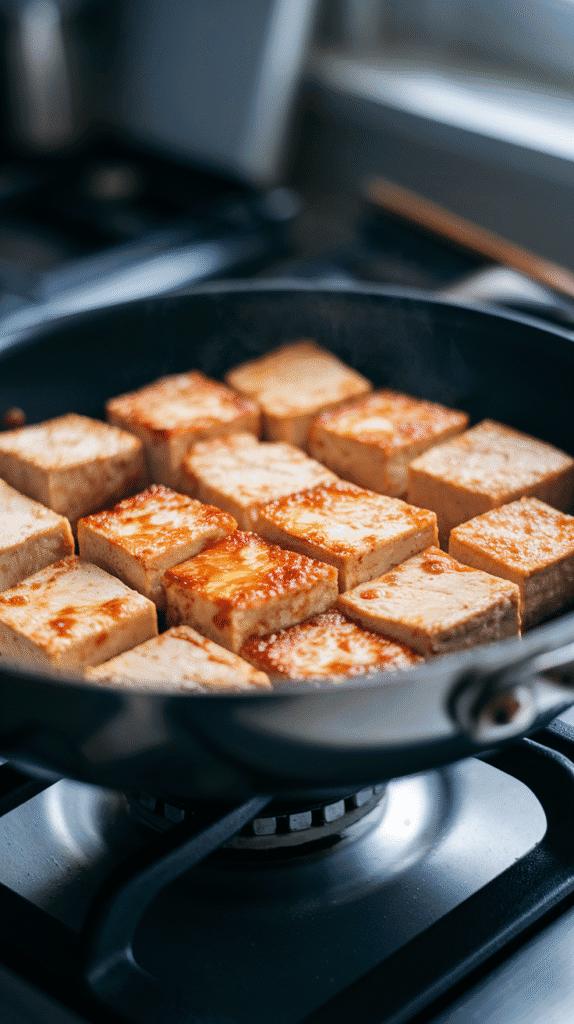tofu cubes sizzling in a pan, sides golden brown and slightly crispy, lightly caramelized from soy sauce.