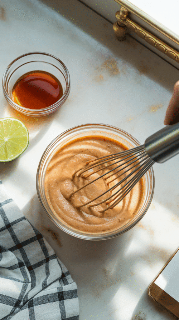 creamy peanut sauce being whisked in a small bowl, thick and glossy with a spoonful of maple syrup and lime juice nearby.