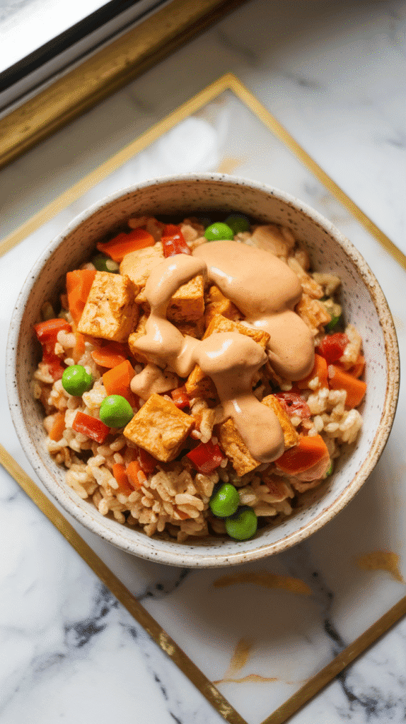 egan tofu fried rice in ceramic bowls, topped with extra peanut sauce, chopped scallions, and crushed peanuts, lime wedge on the side.