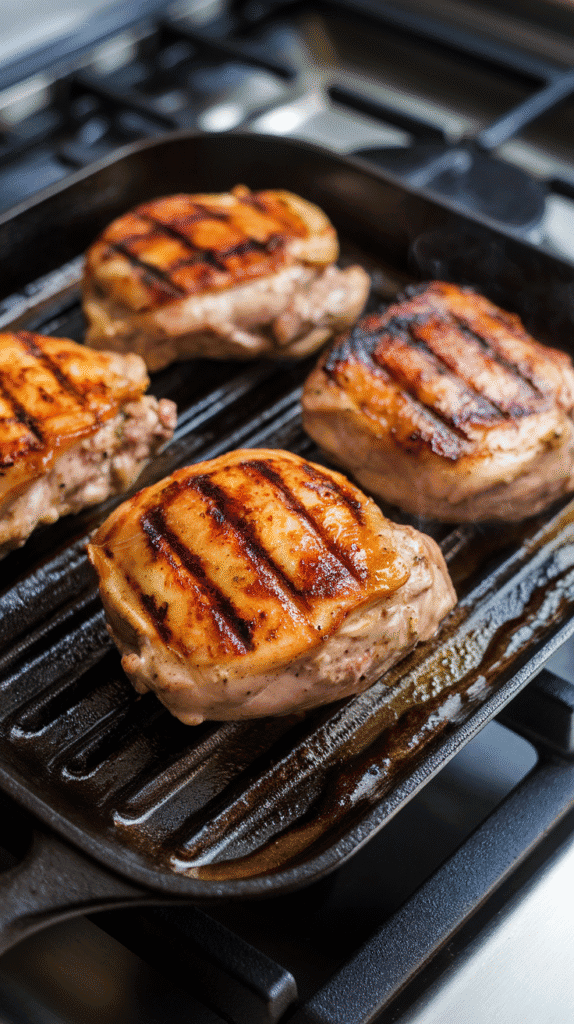 marinated chicken thighs sizzling on a cast iron grill pan, golden brown grill marks forming, creamy marinade caramelizing at the edges.