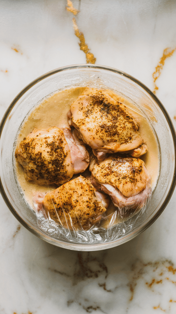 a glass bowl covered with clear plastic wrap, condensation forming slightly inside, filled with za’atar buttermilk-marinated chicken thighs submerged in creamy marinade.