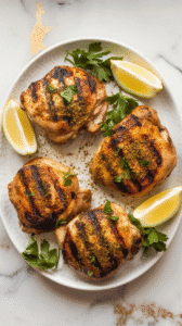 Normal top-down shot showing the finished grilled chicken thighs on a white ceramic plate, sprinkled with za’atar and fresh parsley, lemon wedges on the side, with some charred bits visible
