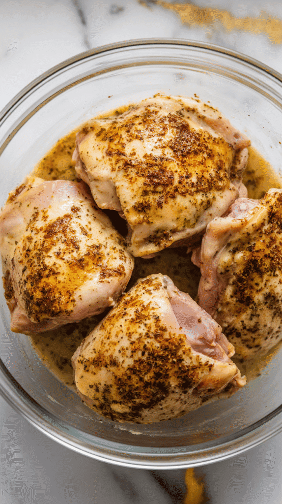boneless skinless chicken thighs, fully coated in a creamy za’atar buttermilk marinade, nestled in a glass bowl, with the marinade clinging thickly to the surface. On white marble counters with hints of gold