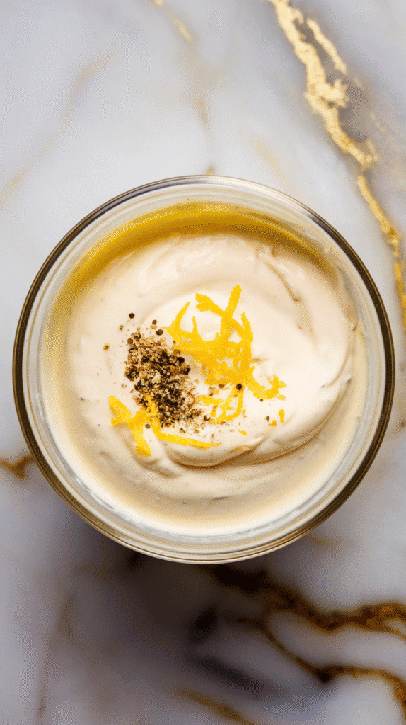 creamy dressing in a small bowlāmayonnaise, Dijon mustard, lemon juice, zest, and seasonings blended together until smooth and pale.