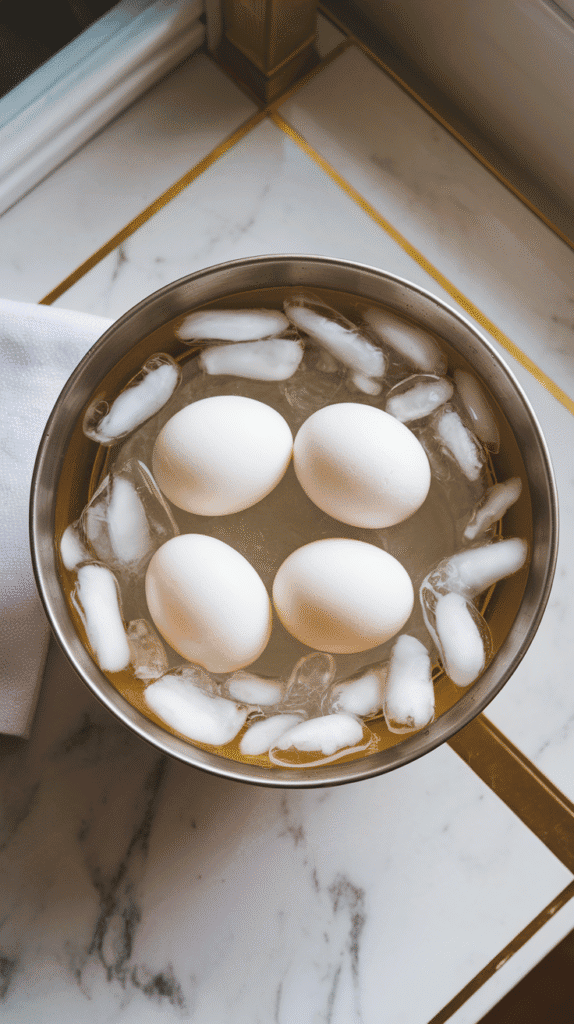 4 peeled hard-boiled eggs resting on a small towel beside a bowl of ice water. Smooth white surfaces with slight sheen.