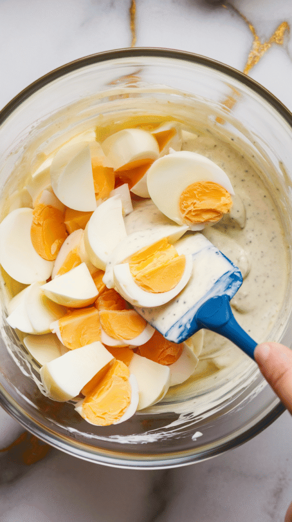chopped eggs being gently stirred into the lemony mayo dressing with a spatula. Bright yolk pieces peeking through the creamy mixture.