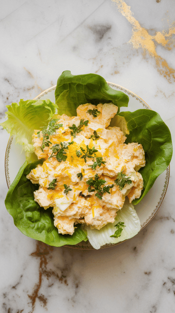 risp lettuce leaves filled with creamy egg salad and sprinkled with fresh herbs and lemon zest, neatly arranged on a white plate.