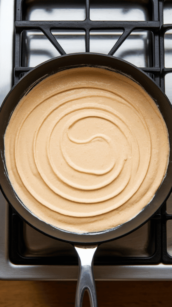 thin cottage cheese wrap batter cooking in a non-stick skillet, edges starting to firm and bottom turning golden