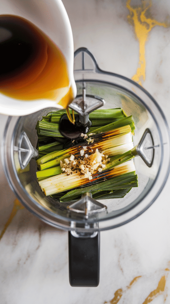 olive oil, soy sauce, rice vinegar, honey, minced garlic, salt, and pepper being poured over charred scallions in a blender cup, thick green sauce starting to form