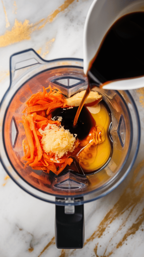 soy sauce, rice vinegar, olive oil, and golden honey being poured into the blended carrots and ginger, creating vibrant swirls of orange and amber before blending.