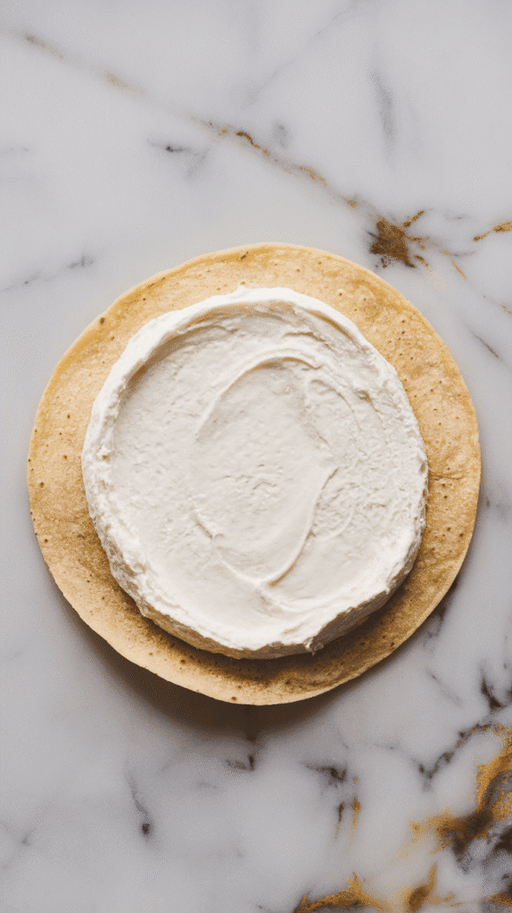 creamy cottage cheese spread thickly in a straight line across a soft flatbread, smooth and white with slight texture, on white marble counters with hints of gold