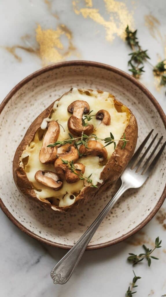 Cozy up with this easy Mushroom & Swiss Baked Potato recipe—loaded with buttery mushrooms, melty cheese, and fresh thyme for big flavor!