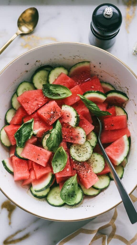 Watermelon Cucumber Basil Salad