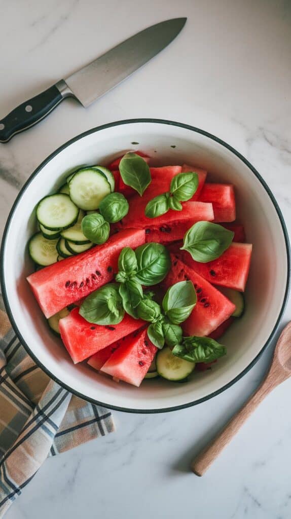 Watermelon Cucumber Basil Salad