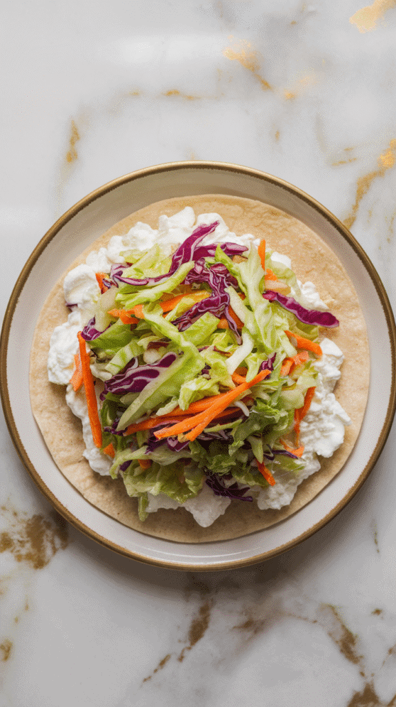 colorful slaw mixture layered over cottage cheese on flatbread, bright greens, purples, and oranges popping, on white marble counters with hints of gold