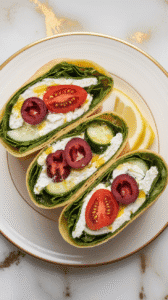 a Mediterranean veggie cottage cheese wrap sliced in half and stacked on a white plate, bright colorful veggies peeking out, soft golden flatbread wrap