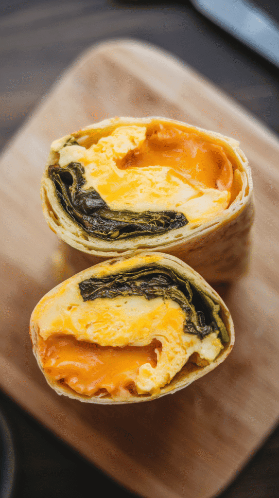 a cooked cottage cheese wrap on a white plate with scrambled eggs, spinach, and melted cheddar down the middle