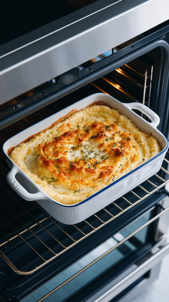 golden-baked polenta in the oven, slightly puffed and crisp on the edges, top flecked with browned Parmesan, inside a white ceramic baking dish
