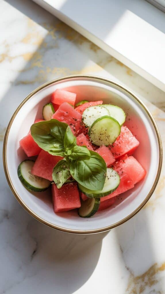 Watermelon Cucumber Basil Salad