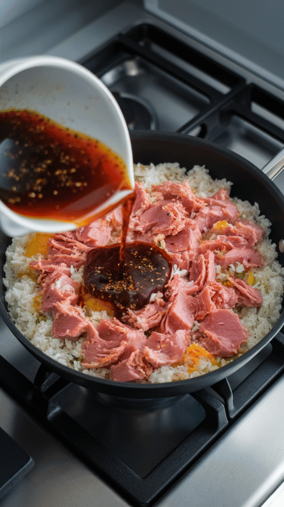 seasoning being poured over rice, glossy grains with soy sauce and flecks of pepper mixing in