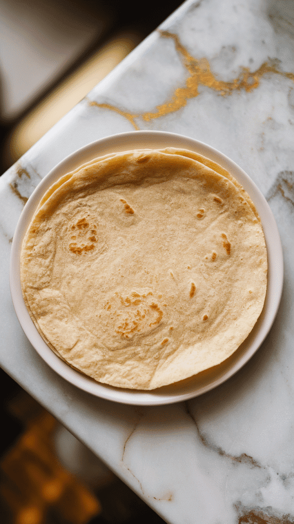 soft flatbread laid flat on a white plate, warm and pliable, ready for filling, on white marble counters with hints of gold,