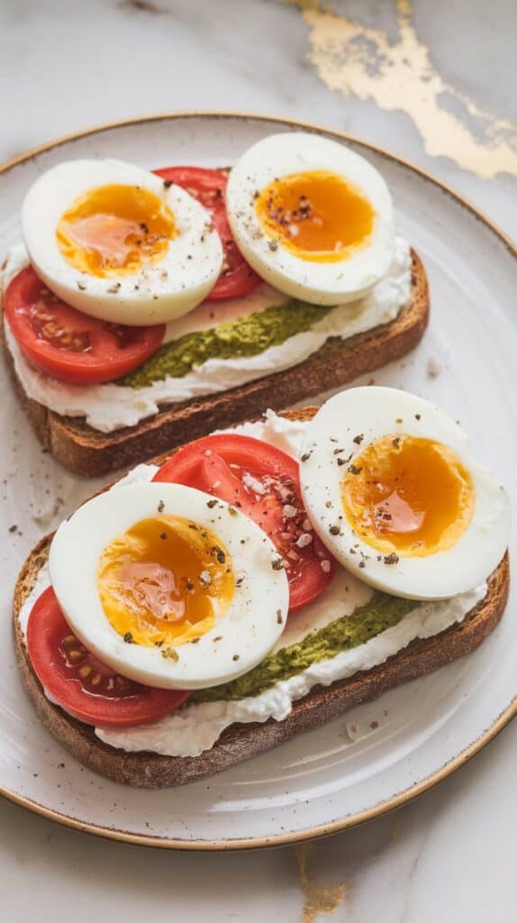 Basil Pesto Tomato Egg Cottage Cheese Toast