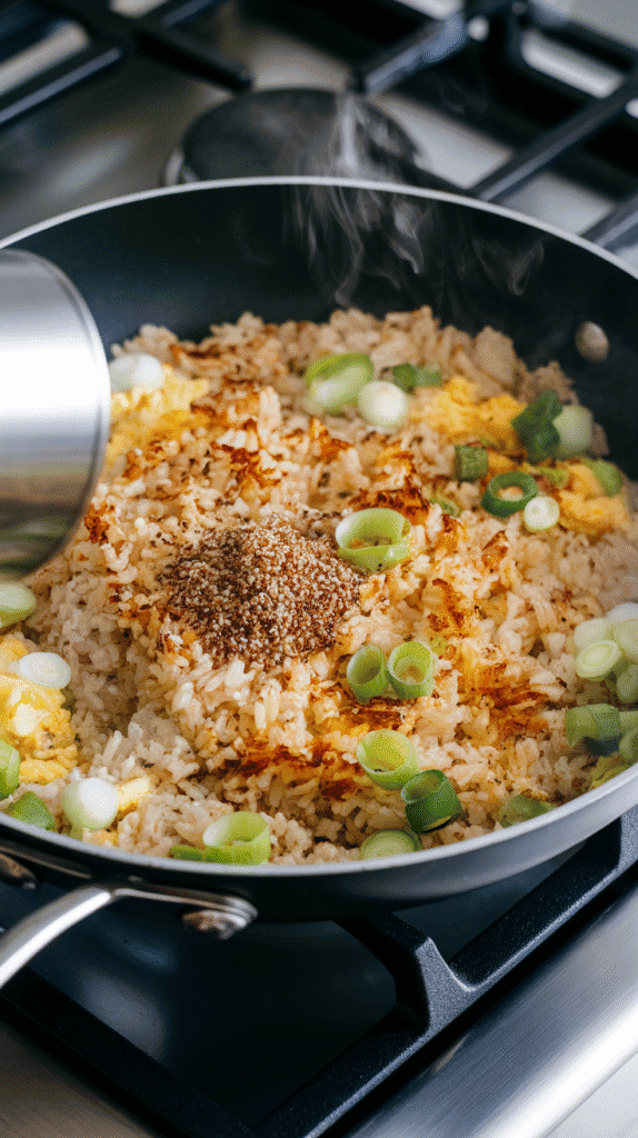 seasoning being added to hot rice, steam rising as rice starts to brown and crisp in places. O
