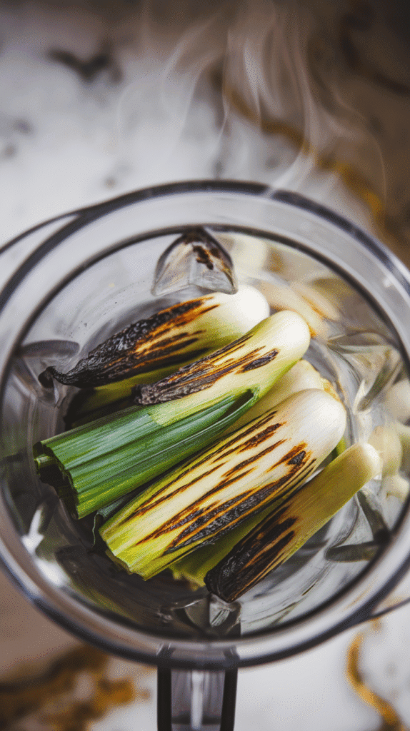 freshly charred scallions just added to a blender cup, soft with blistered black spots and vibrant green streaks, steam rising slightly.