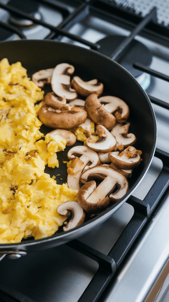 scrambled eggs forming on one side of the skillet while golden mushrooms sit on the other side, garlic bits visible throughou