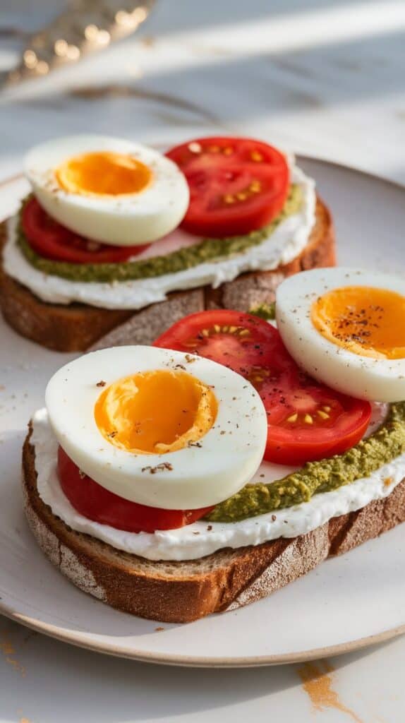 Basil Pesto Tomato Egg Cottage Cheese Toast