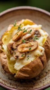 Cozy up with this easy Mushroom & Swiss Baked Potato recipe—loaded with buttery mushrooms, melty cheese, and fresh thyme for big flavor!