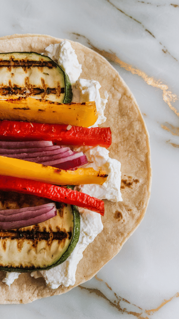 grilled zucchini, red and yellow bell peppers, and red onions layered over cottage cheese on flatbread, bright and caramelized, on white marble counters with hints of gold